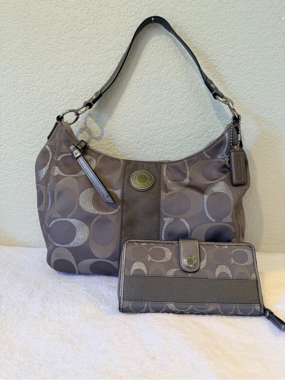 Coach Taupe and Gray Signature Shoulder Hobo with Wallet